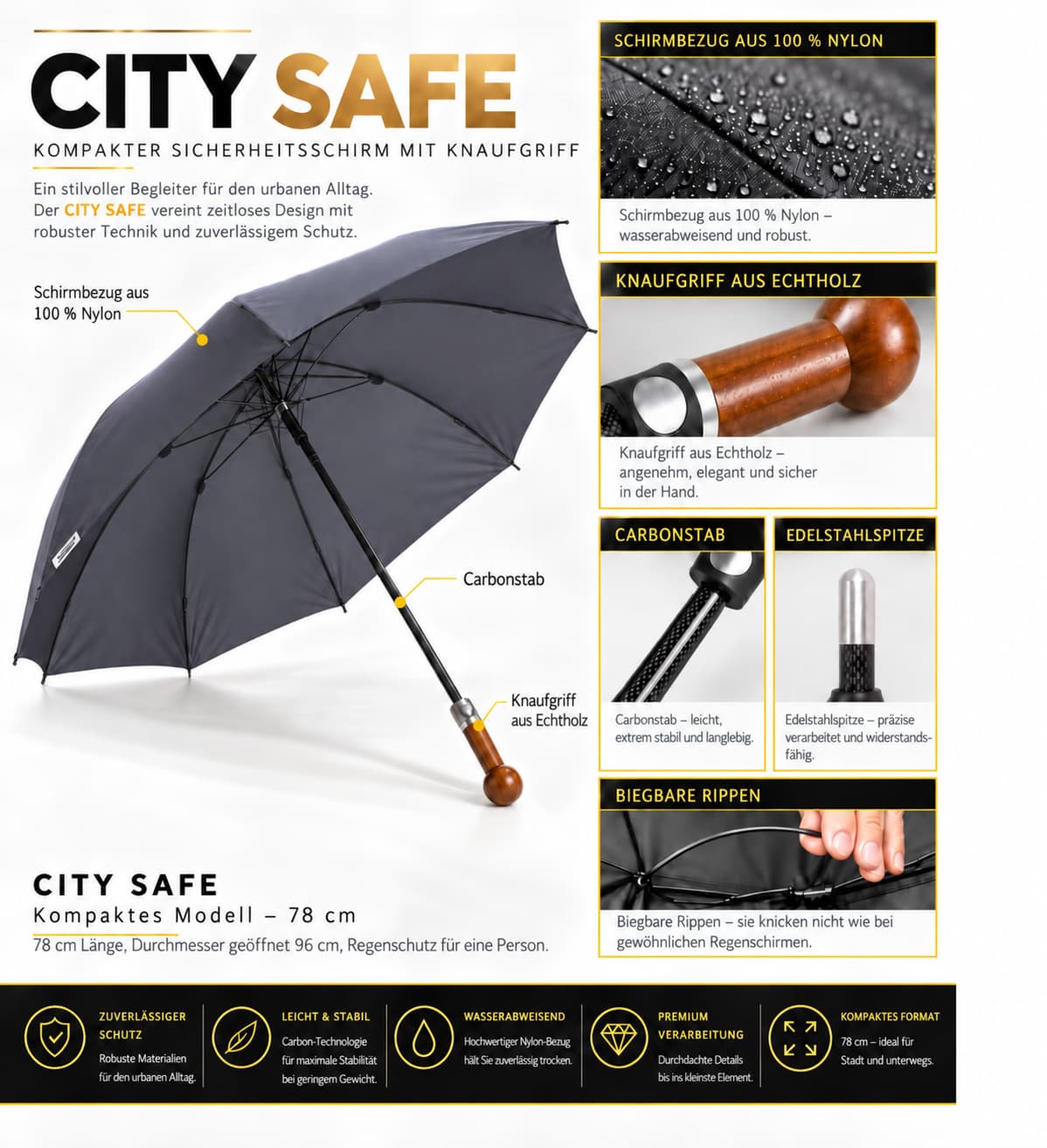 City-Safe 78 cm Sicherheitsschirm – Kompakt, unkaputtbar & weltweit legal