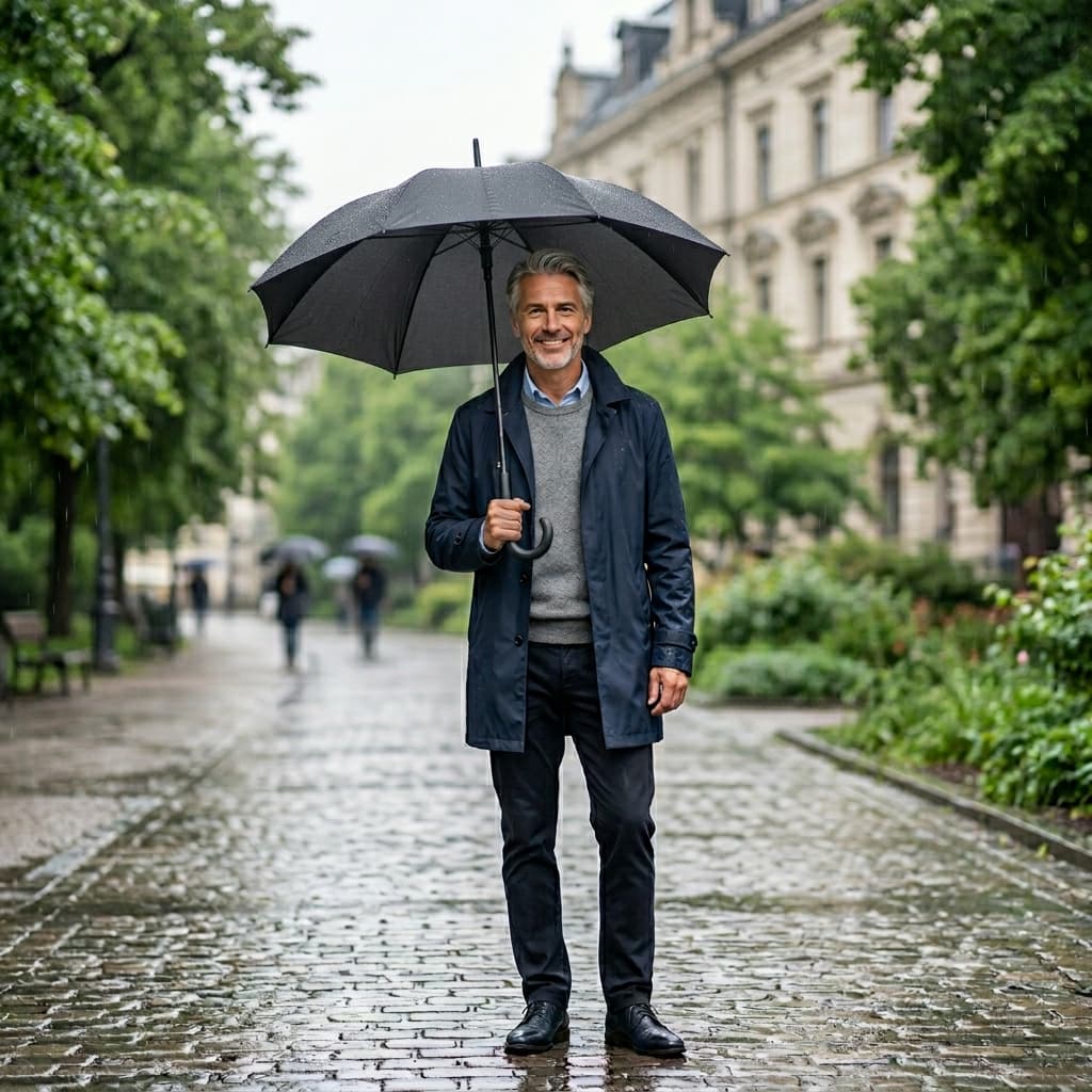 Ein stilvoller Mann geht bei Regen mit einem geöffneten Sicherheitsschirm durch die Stadt. (KI-generiert)