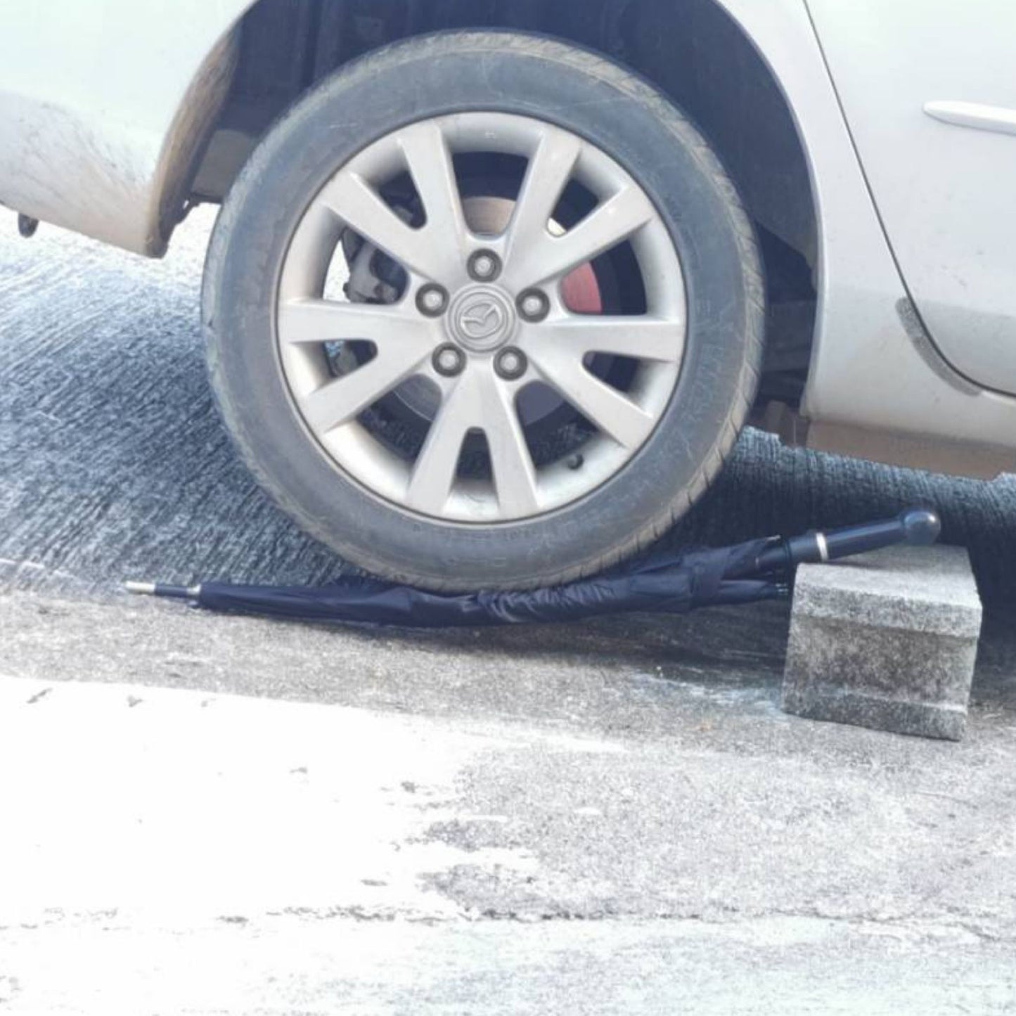 Härtetest des Sicherheitsschirms: Ein Auto fährt über den unzerbrechlichen Carbonstab zur Demonstration der extremen Belastbarkeit